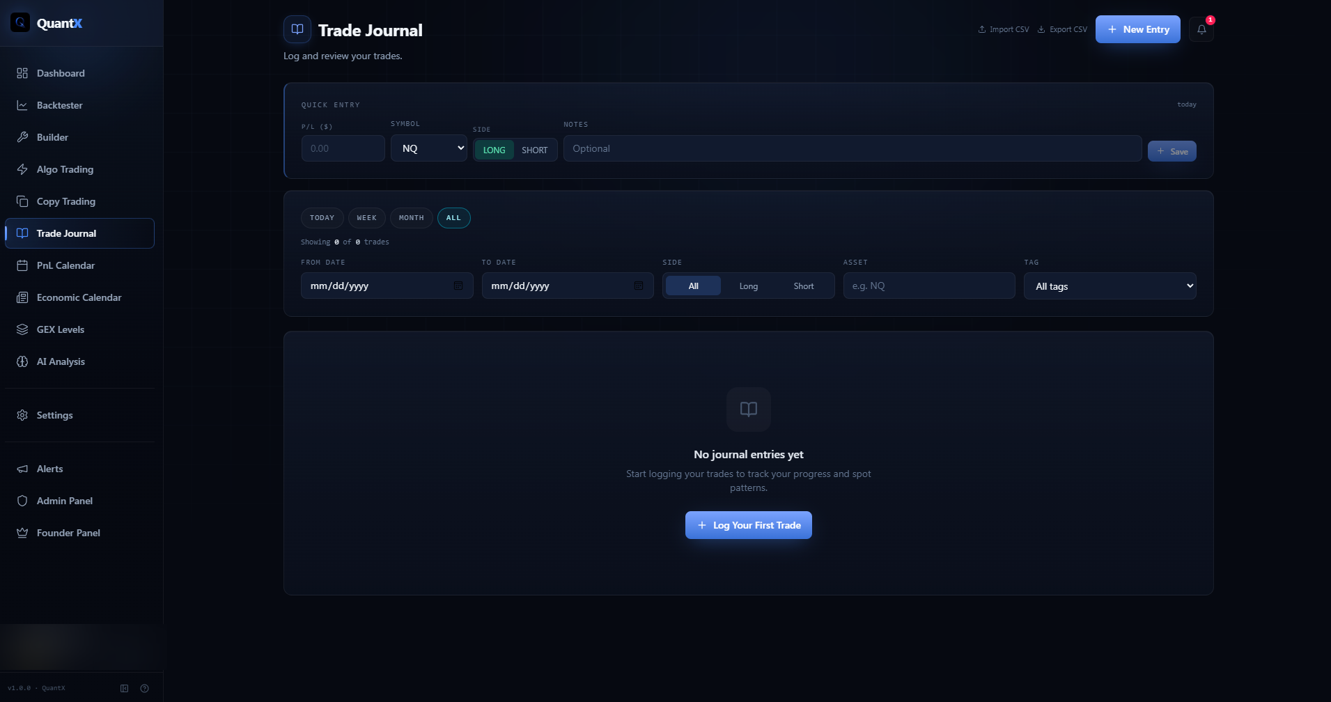 QuantX Trade Journal — entries, tags, emotion tracking, equity sparkline