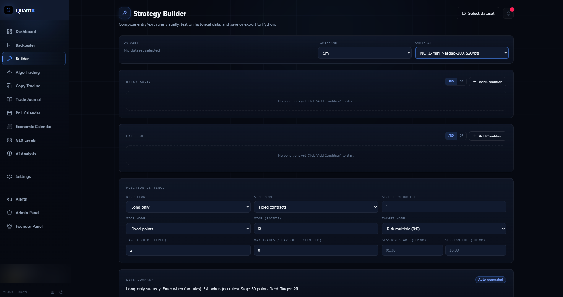 QuantX Strategy Builder — visual entry and exit rules, indicators, risk presets